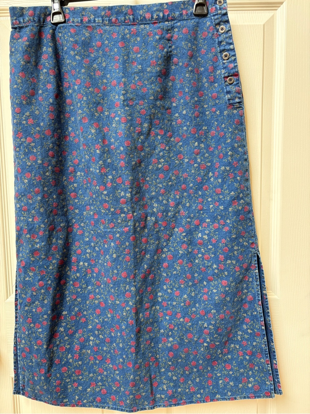 Requirements Blue Floral Denim Maxi Skirt with Side Buttons